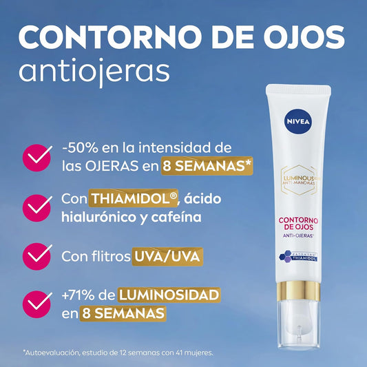 NIVEA Luminous630 - Contorno De Ojos - Crema Antimanchas - Con Ácido Hialurónico, Thiamidol Y Cafeína - Antiedad - Crema Antiarrugas - Reduce Hinchazón Y Ojeras - Todo Tipo De Pieles - 15 Ml