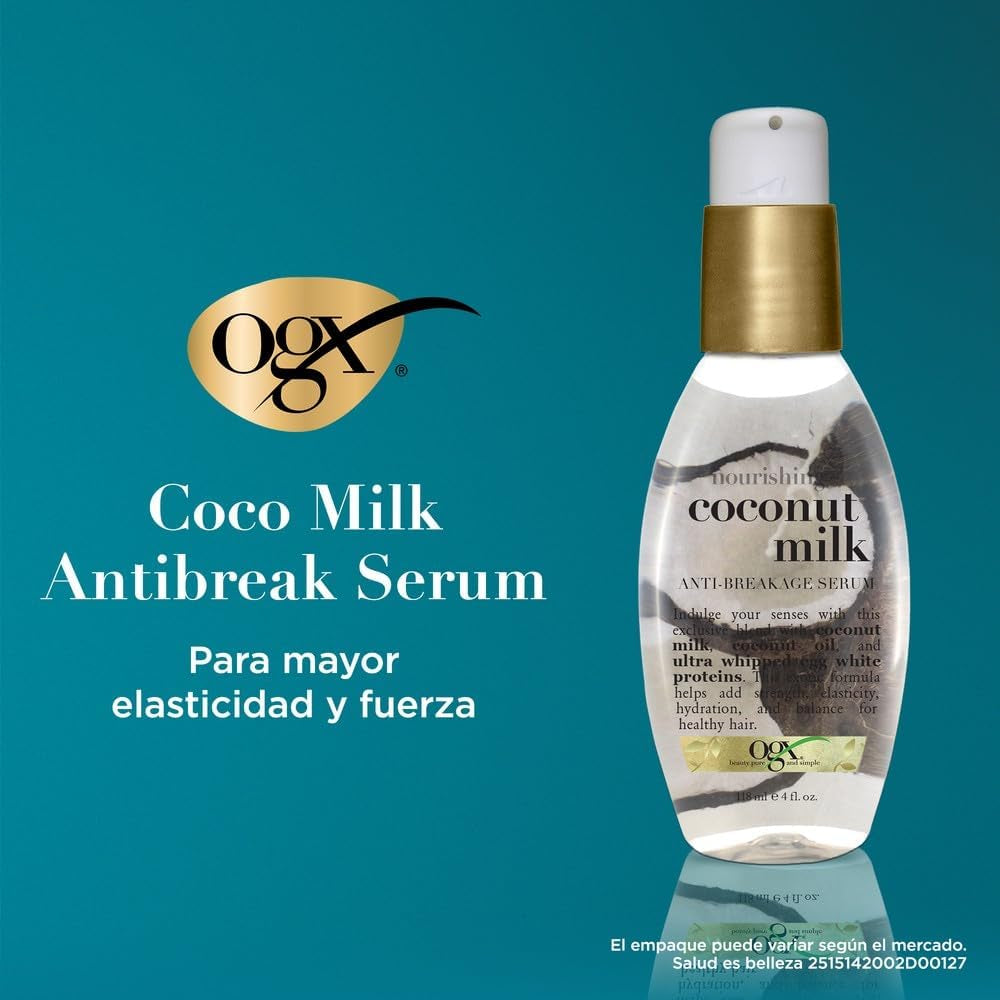 OGX 91008 Sérum Antirotura Nutritiva Leche De Coco Sin Parabenos Ni Sulfatos, Ingredientes Sostenibles, Refuerzo, Protección, Hidratante, Botella De Bomba De 4 Onzas