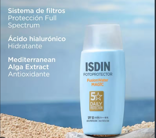 ISDIN Fotoprotección Fusion Water MAGIC SPF 50, Protector Solar Facial De Textura Ligera Y Fase Externa Acuosa Con Tacto Final Sedoso, 50Ml