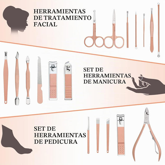 Set Manicura Pedicura 18 Piezas, Cuidado De Uñas Mujer Hombre, Kit De Cortaúñas Profesional De Acero Inoxidable, Estuche De Uñas (Oro Rosa)