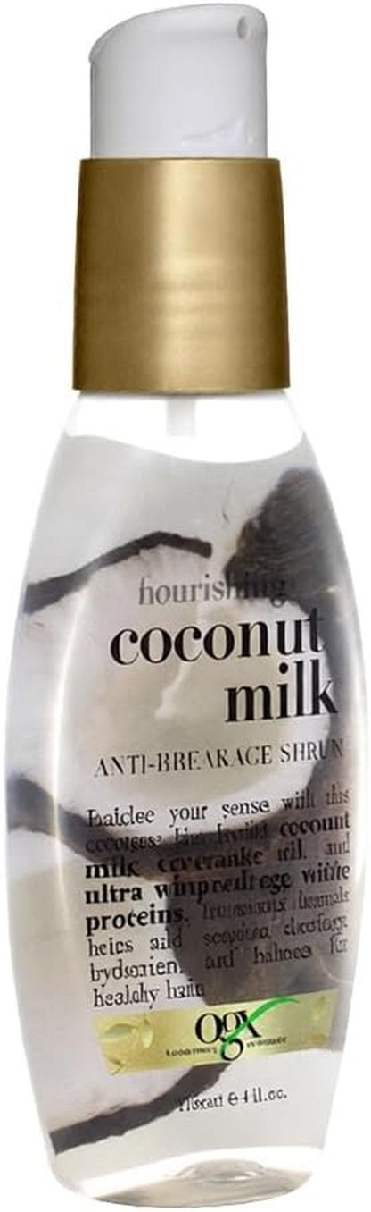 OGX 91008 Sérum Antirotura Nutritiva Leche De Coco Sin Parabenos Ni Sulfatos, Ingredientes Sostenibles, Refuerzo, Protección, Hidratante, Botella De Bomba De 4 Onzas