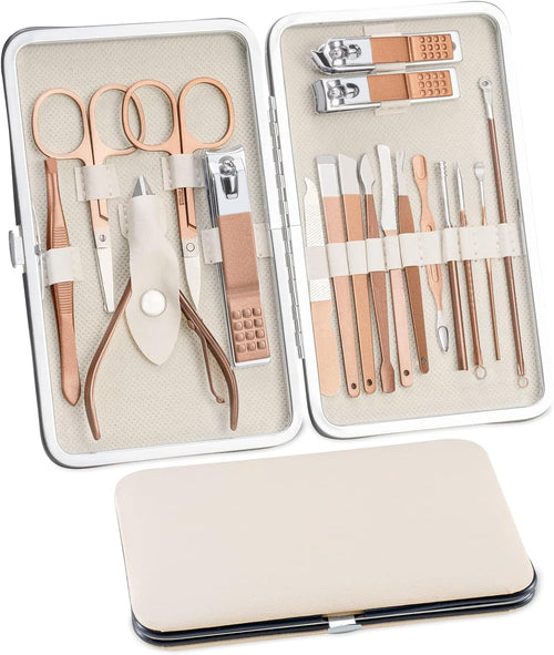 Manicura Set Pedicura 18 Piezas, Cuidado De Uñas Mujer Hombre, Kit De Cortaúñas Profesional De Acero Inoxidable, Estuche De Uñas (Oro Rosa)