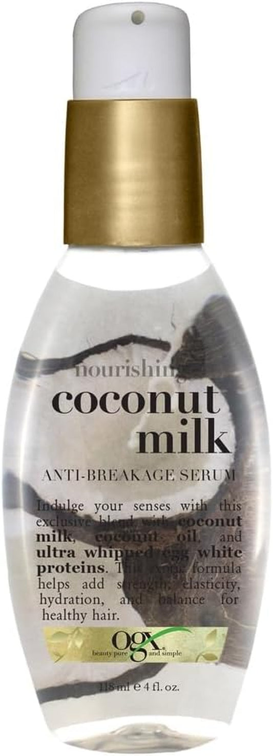 OGX 91008 Sérum Antirotura Nutritiva Leche De Coco Sin Parabenos Ni Sulfatos, Ingredientes Sostenibles, Refuerzo, Protección, Hidratante, Botella De Bomba De 4 Onzas