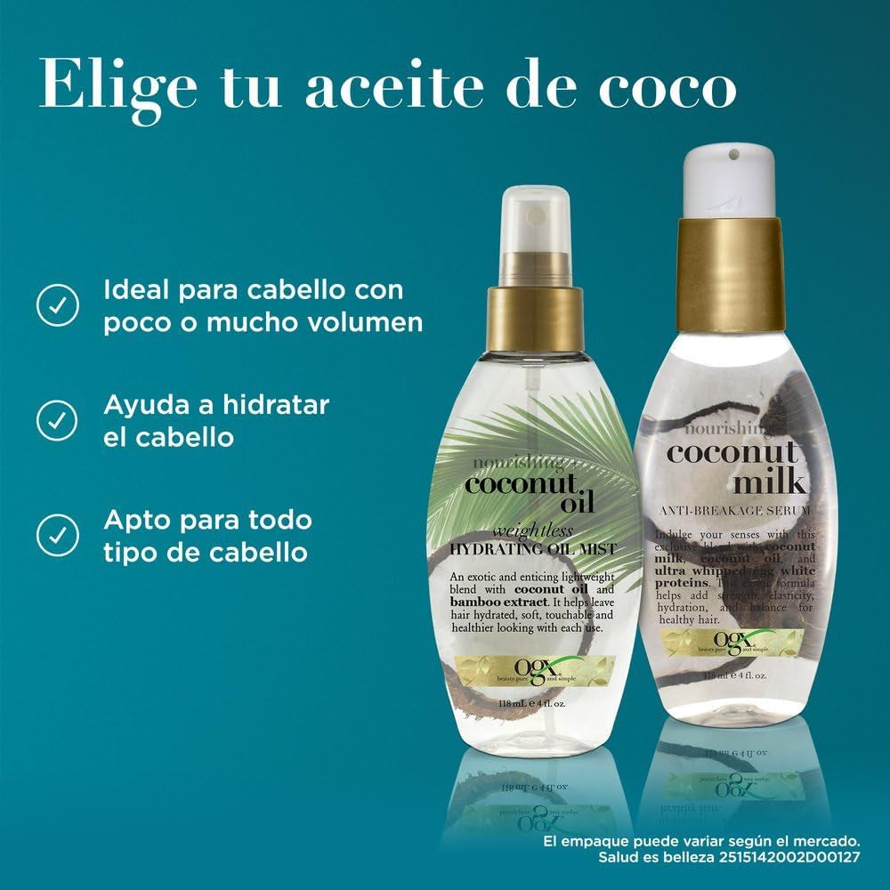 OGX 91008 Sérum Antirotura Nutritiva Leche De Coco Sin Parabenos Ni Sulfatos, Ingredientes Sostenibles, Refuerzo, Protección, Hidratante, Botella De Bomba De 4 Onzas